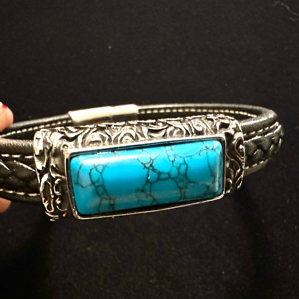Turquoise Leather and Steel Bracelet